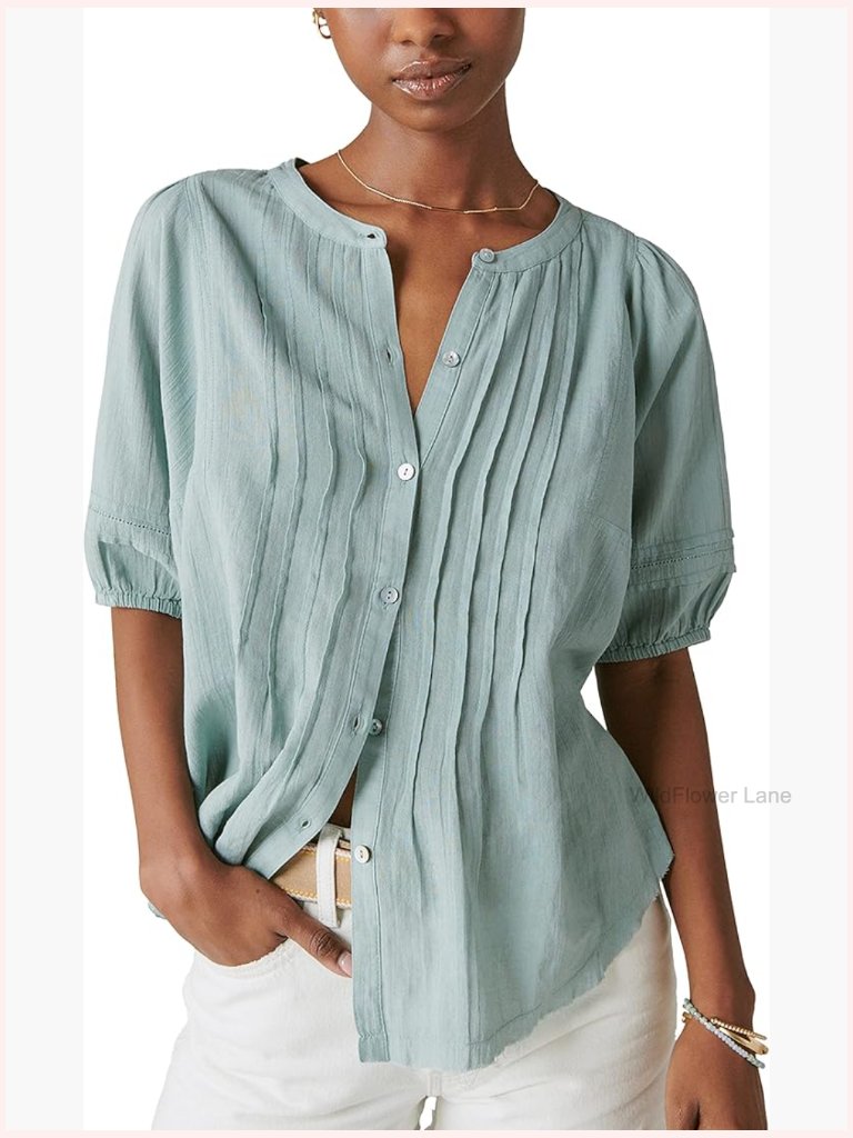 Short Sleeve Pintuck Peasant Blouse With Button Placket